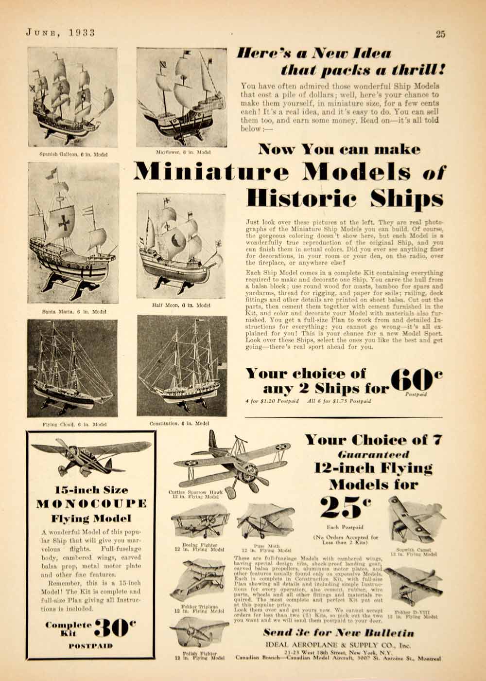 1933 Ad Miniature Models Ships Airplane Monocoupe Ideal Aeroplane Supply YOR2