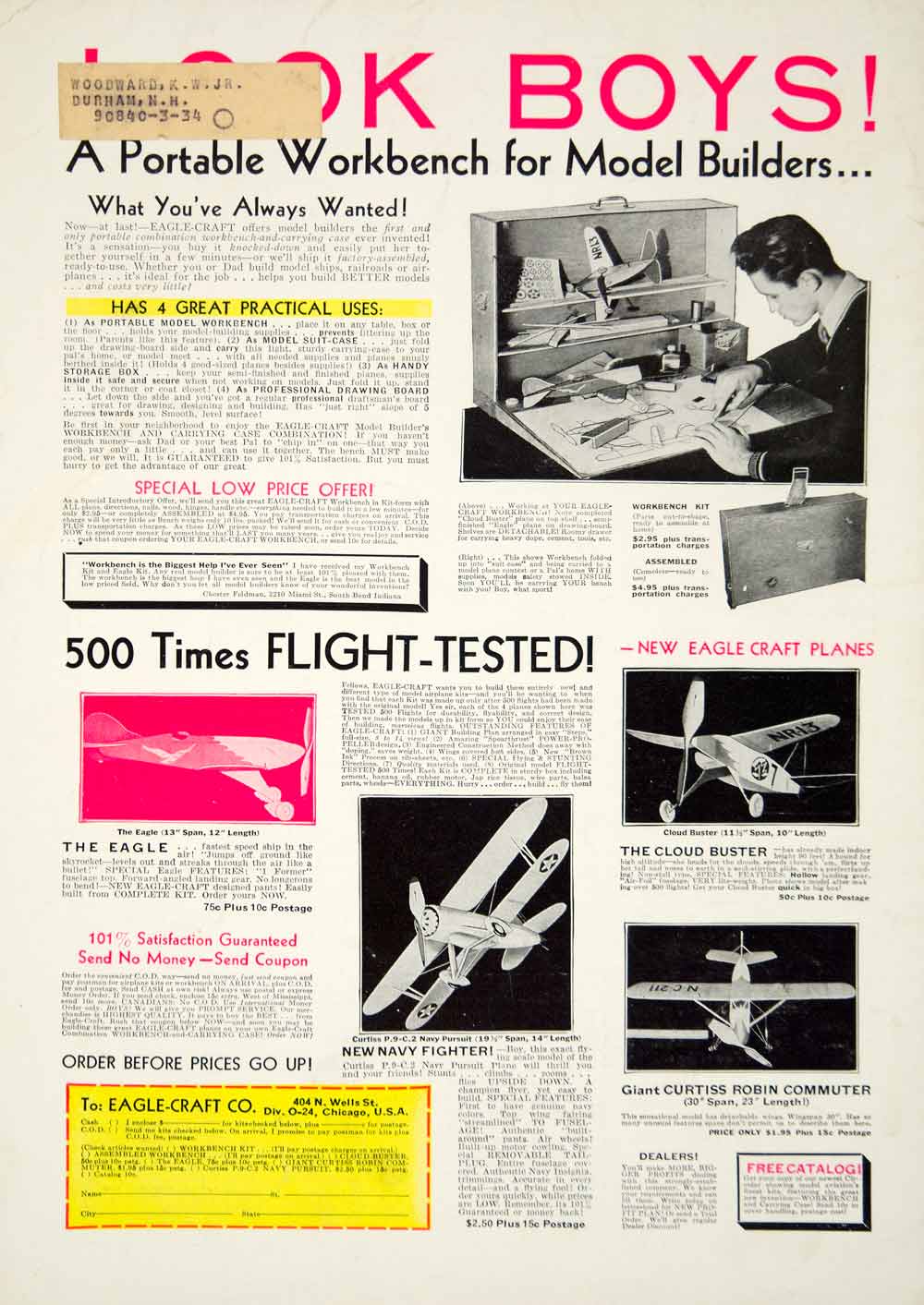 1934 Ad Portable Workbench Eagle Craft Airplanes Curtiss Robin Commuter YOR2