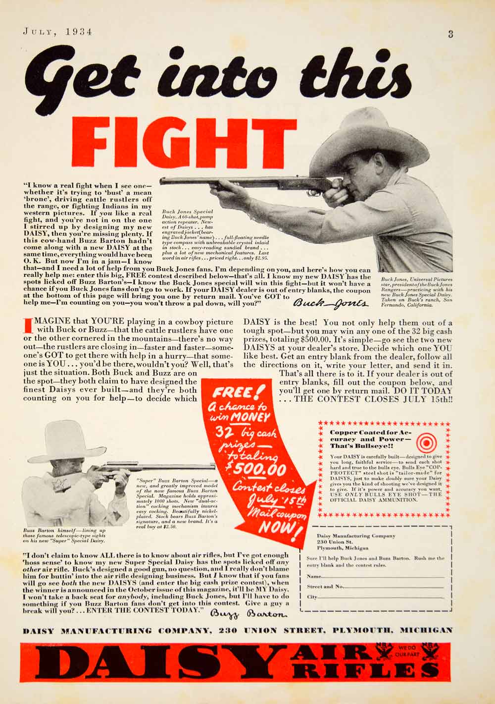1934 Ad Buck Jones Buzz Barton Daisy Air Rifles Gun Shooting Copper Coated YOR2