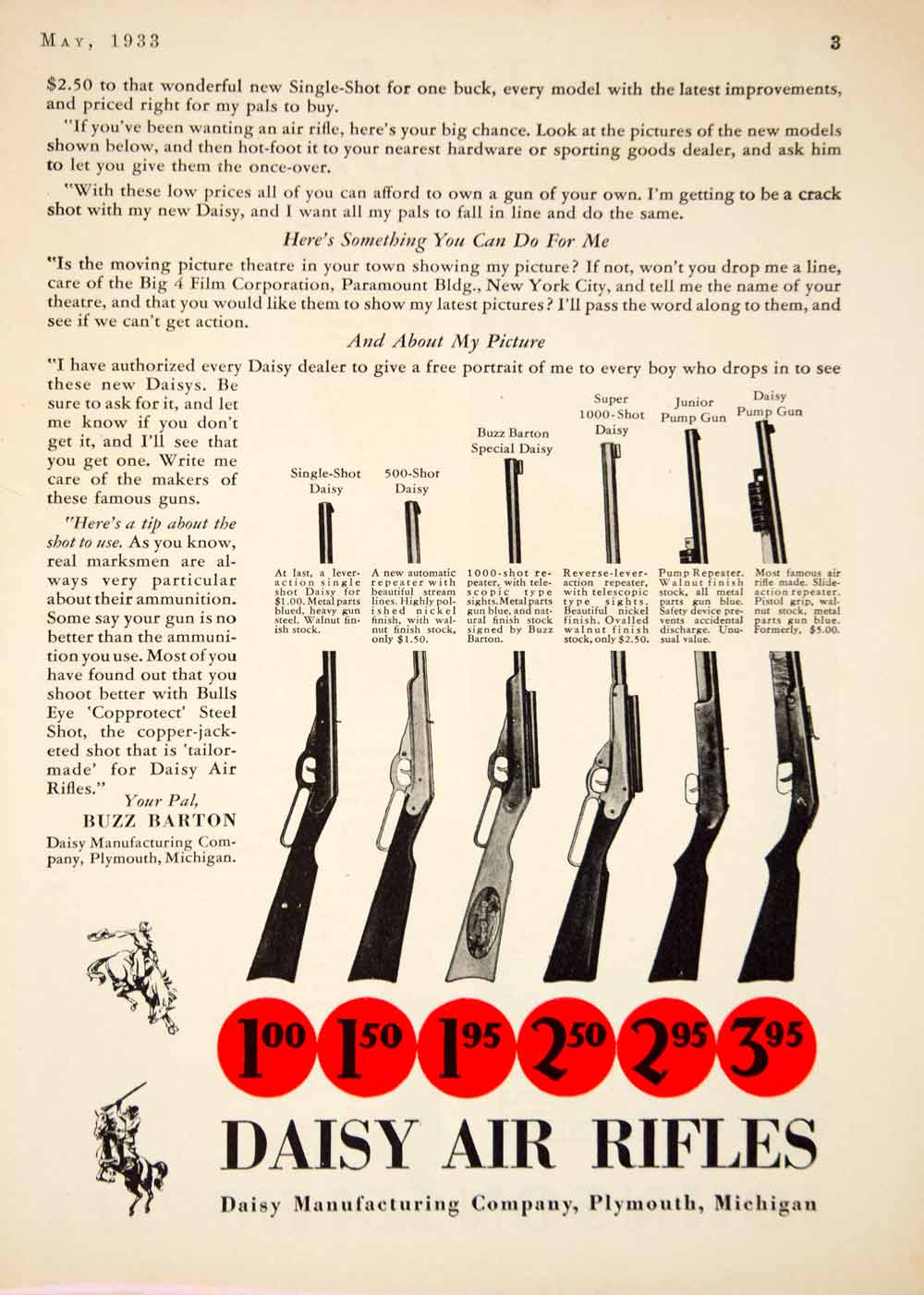 1933 Ad Buzz Barton Daisy Air Rifle Cowboy Indians Shooting Target Guns YOR2