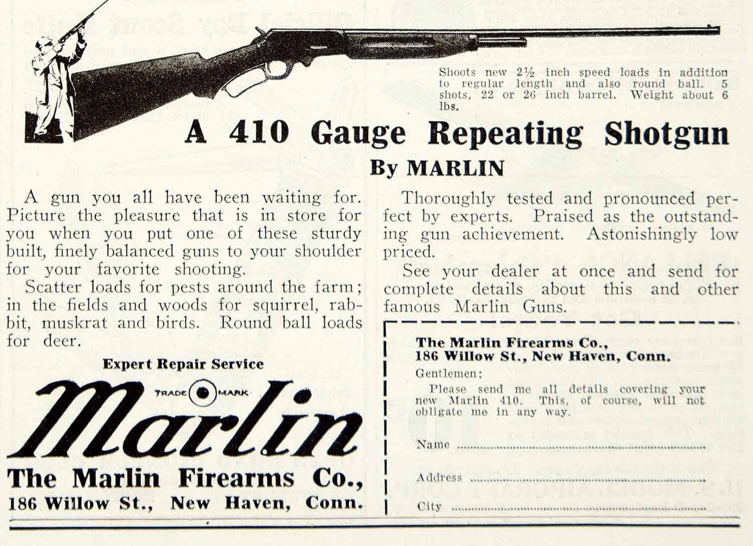 1930 Ad Marlin Firearms 186 Willow Street 410 Gauge Repeating