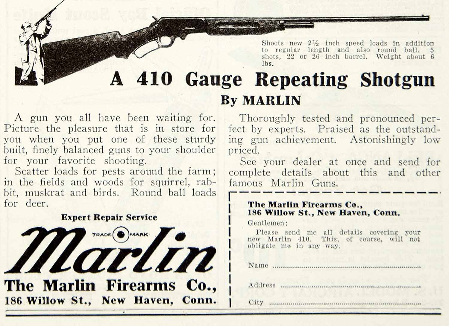 1930 Ad Marlin Firearms 186 Willow Street 410 Gauge Repeating Shotgun YOR2