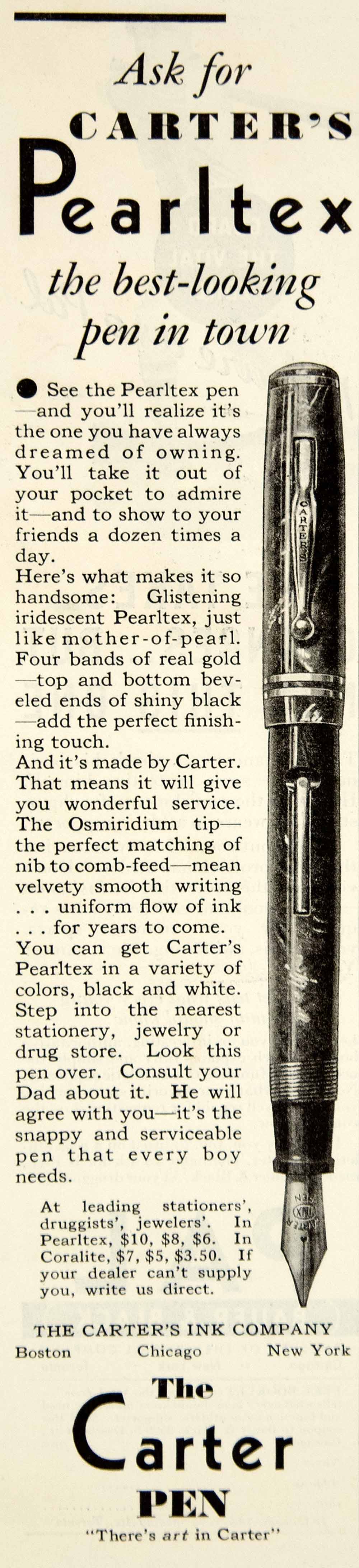 1932 Ad Carter's Pearltex Fountain Pen Ink Gold Osmiridium Tip Nib Faux YOR2