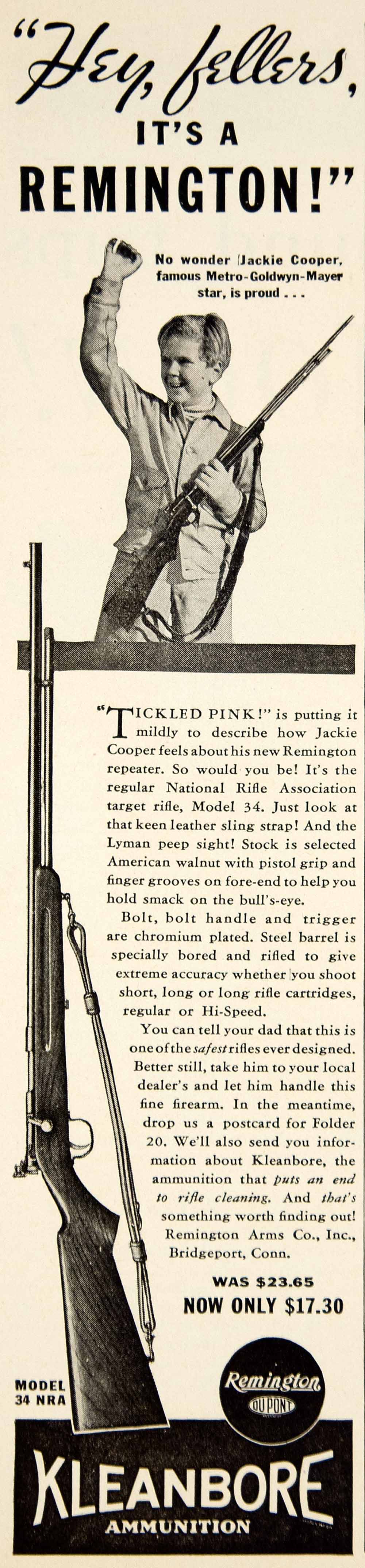 1934 Ad Kleanbore Remington Rifle Gun Jackie Cooper Actor Weapon Bolt YOR2