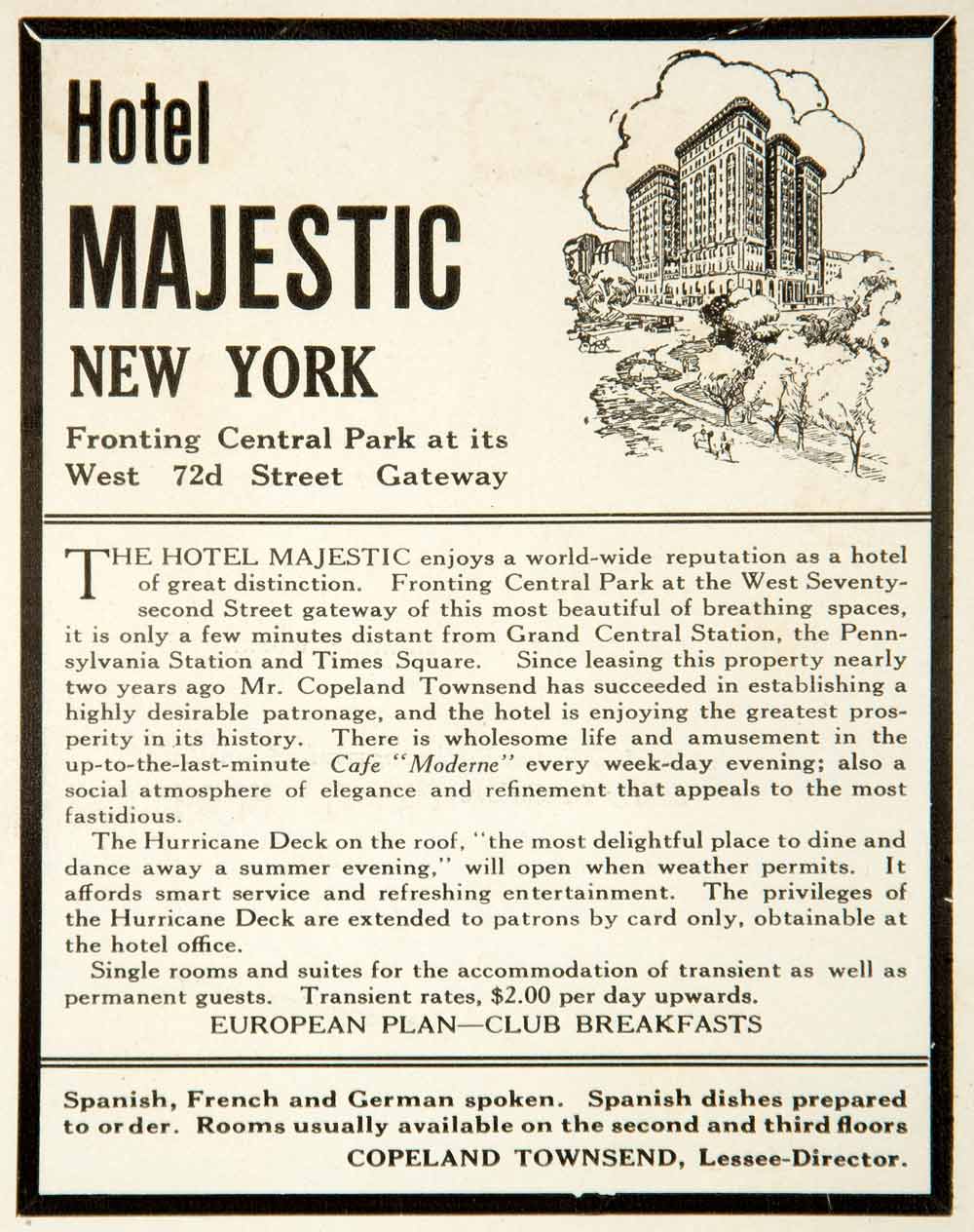 1917 Ad Hotel Majestic New York Central Park Hospitality Copeland Townsend YOW1