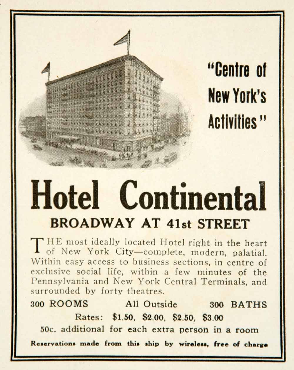 1917 Ad Hotel Continental Broadway New York Hospitality Street Scene YOW1