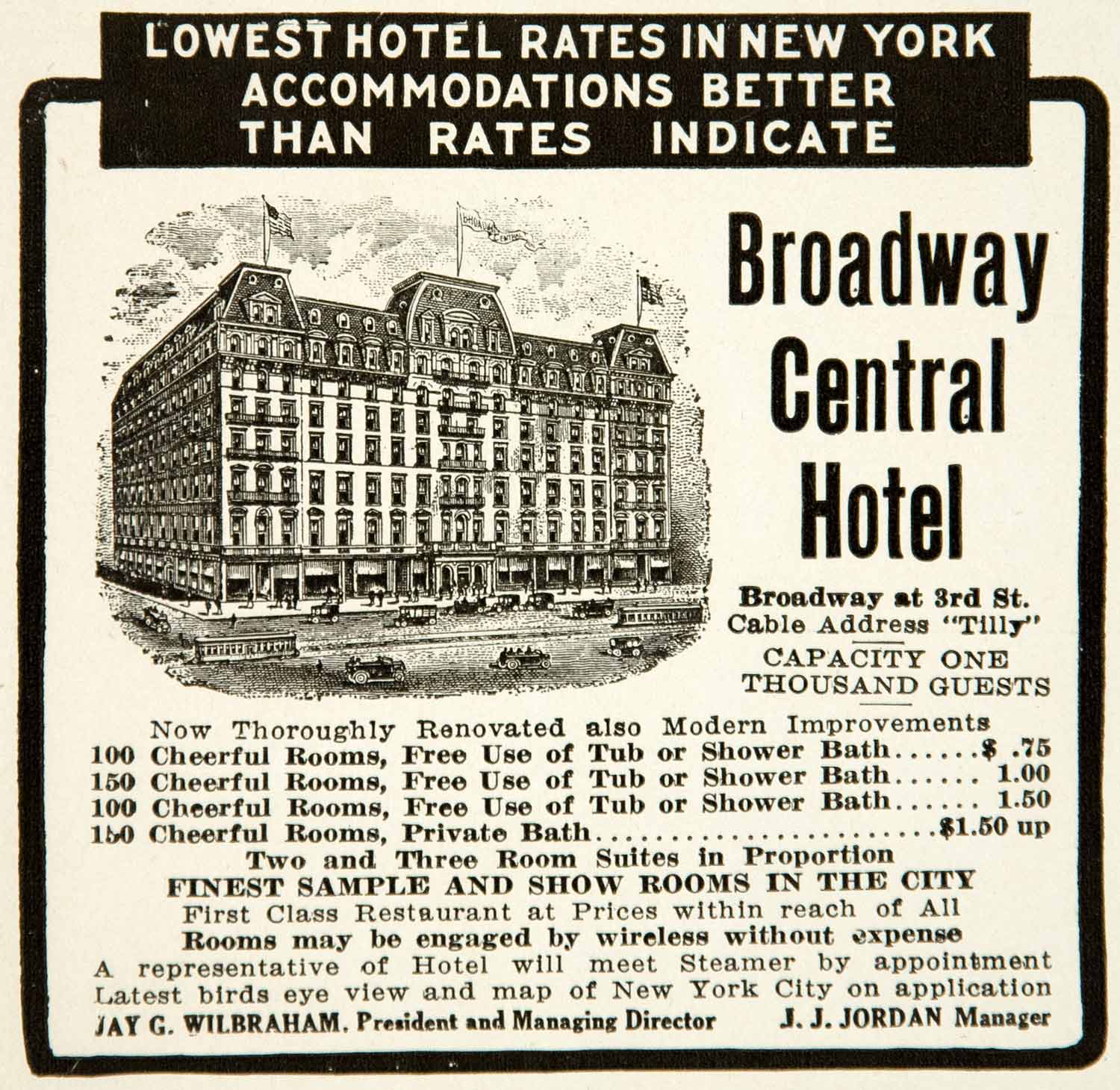 1917 Ad Broadway Central Hotel New York Hospitality Jay Wilbraham J.J YOW1