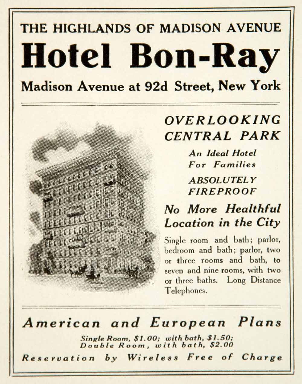 1917 Ad Hotel Bon Ray Madison Avenue New York Hospitality Central Park YOW1