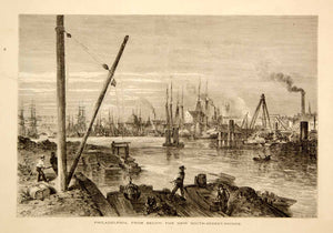 1872 Wood Engraving Philadelphia Schuylkill River Ships Shipping Cityscape YPA1 - Period Paper
