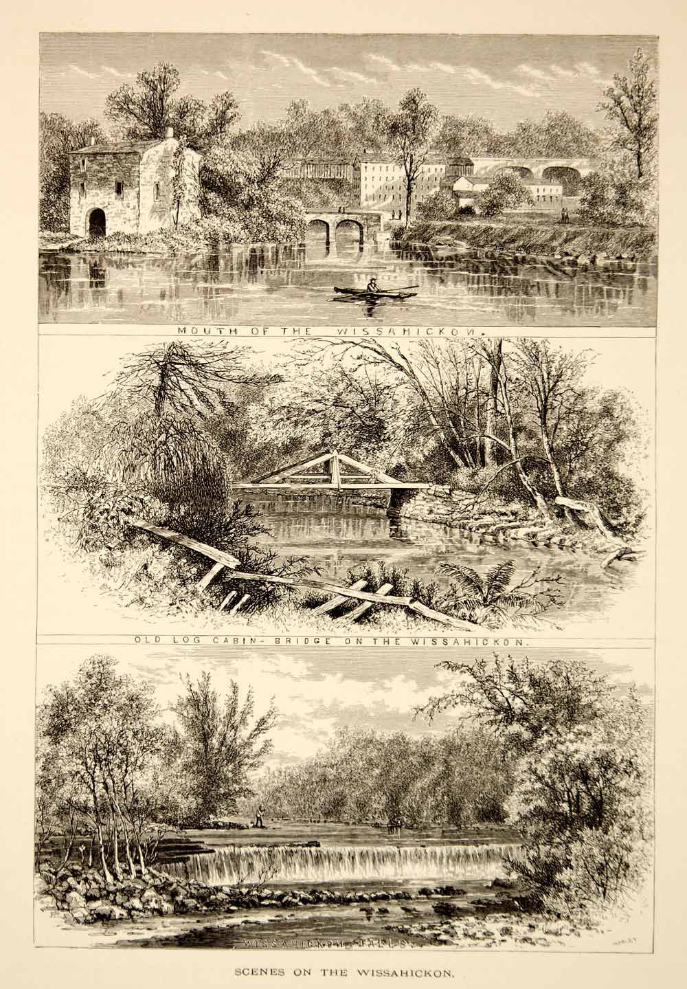 1872 Wood Engraving Wissahickon Creek Bridge Philadelphia Granville Perkins YPA1 - Period Paper
