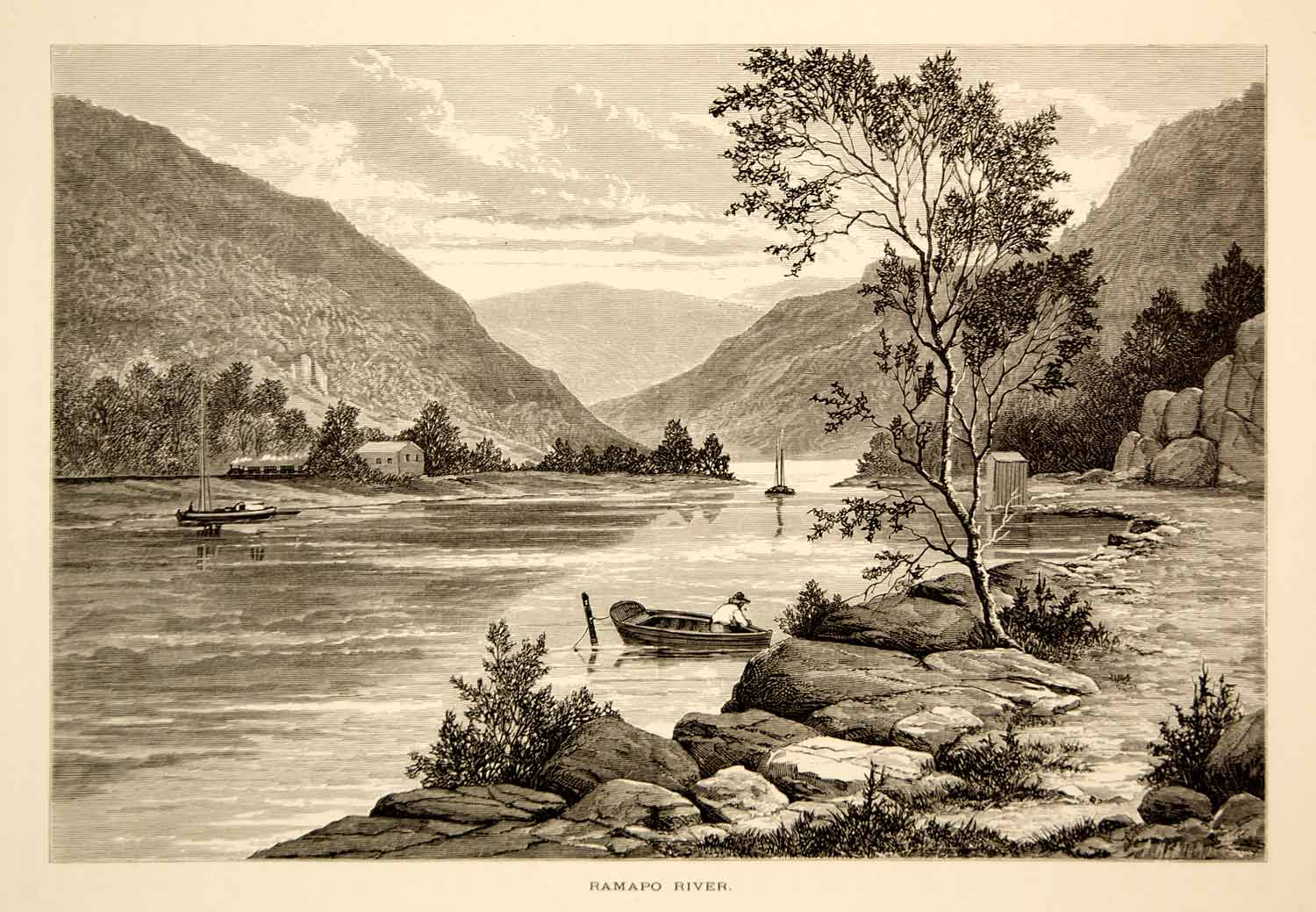 1872 Wood Engraving Ramapo River New Jersey Landscape Jules Tavernier Art YPA1