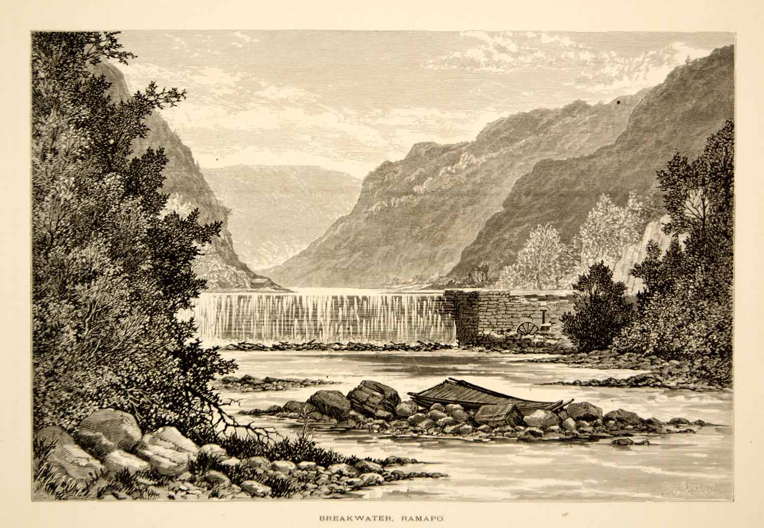 1872 Wood Engraving Ramapo River Dam Breakwater New Jersey Jules Tavernier YPA1