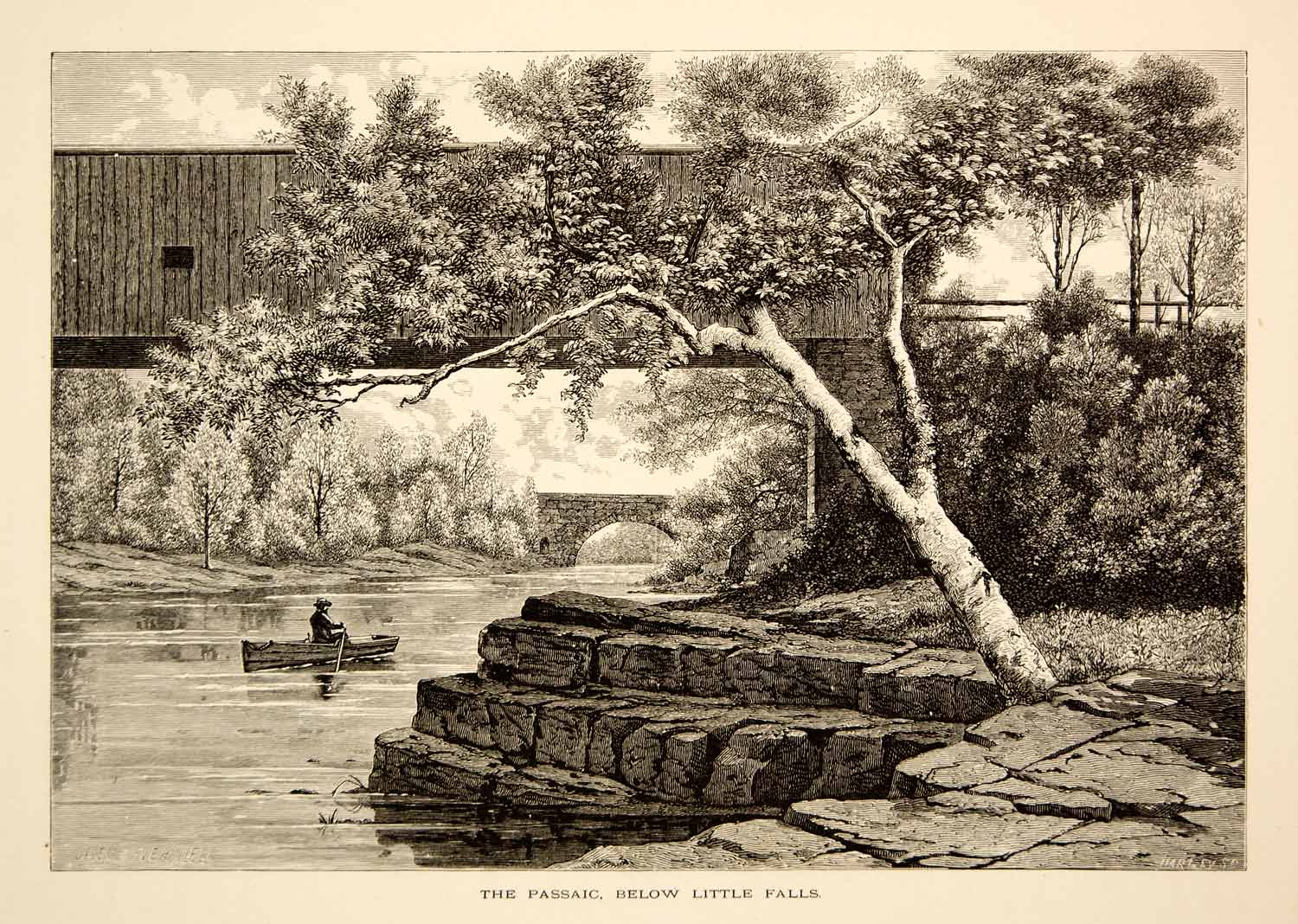 1872 Wood Engraving Passaic River Covered Bridge New Jersey Jules Tavernier YPA1