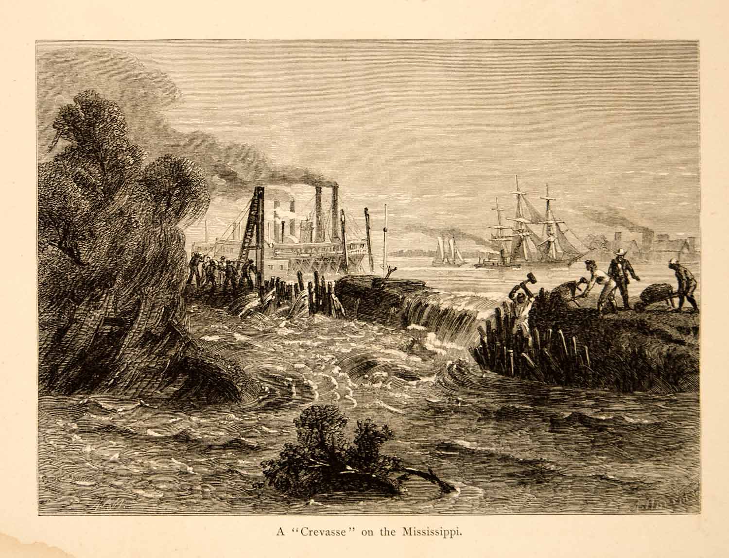 1872 Wood Engraving Mississippi River Breached Levee Cravasse Alfred R Waud YPA1