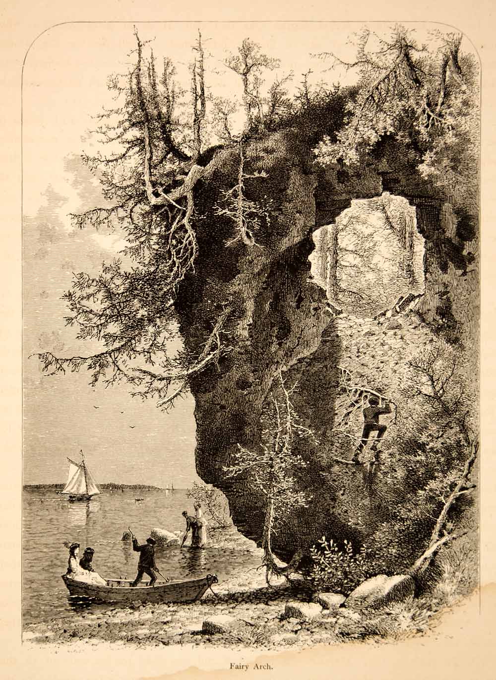 1872 Wood Engraving Fairy Arch Rock Formation Mackinac Mackinaw Island MI YPA1
