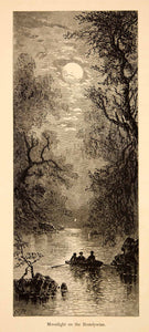 1872 Wood Engraving Brandywine River Boating Moonlight Granville Perkins YPA1