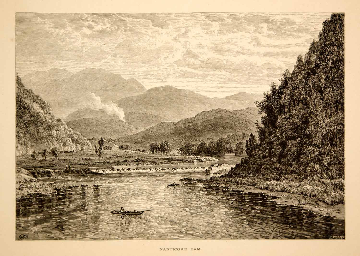 1873 Wood Engraving Nanticoke Dam Susquehanna River Granville Perkins Art YPA2