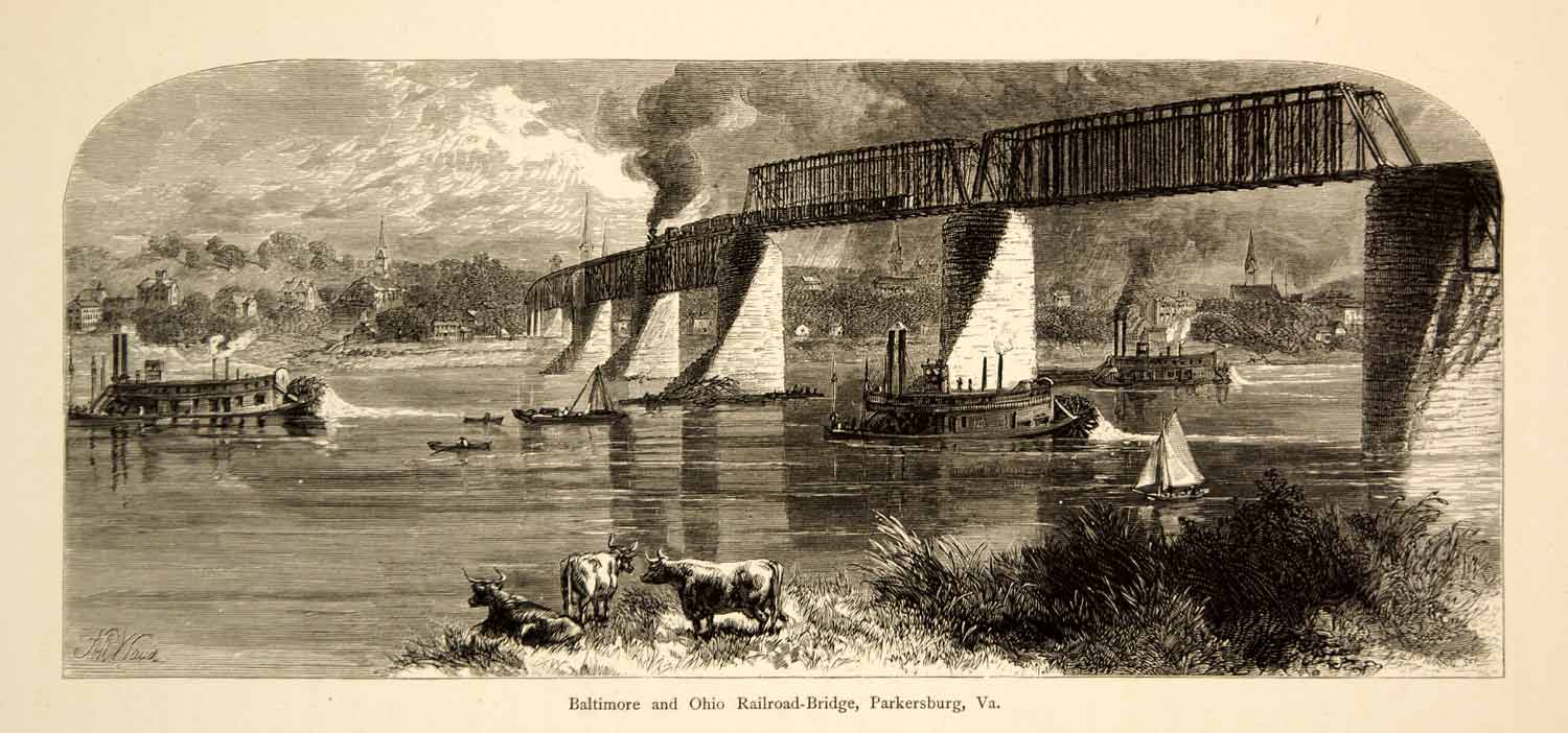 1873 Wood Engraving Parkersburg VA Baltimore & Ohio Railroad Bridge River YPA2