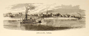 1873 Wood Engraving Jeffersonville Indiana Ohio River Steamboat Paddlewheel YPA2