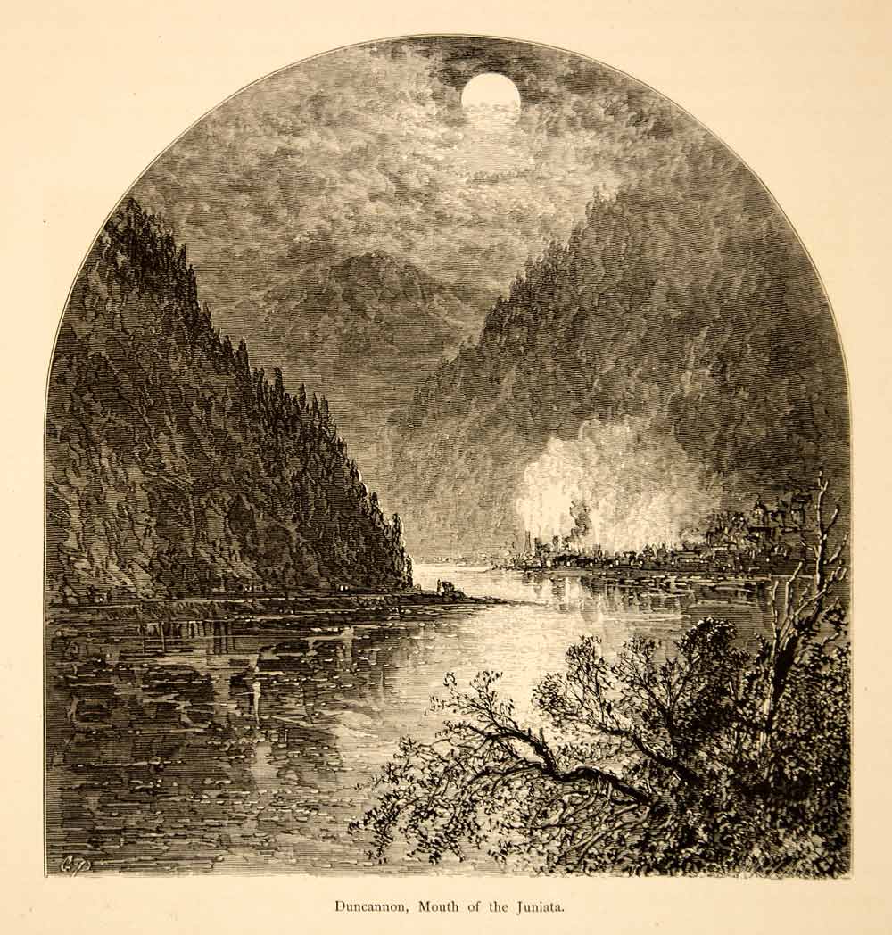 1873 Wood Engraving Duncannon PA Juniata River Cliffs Granville Perkins Art YPA2