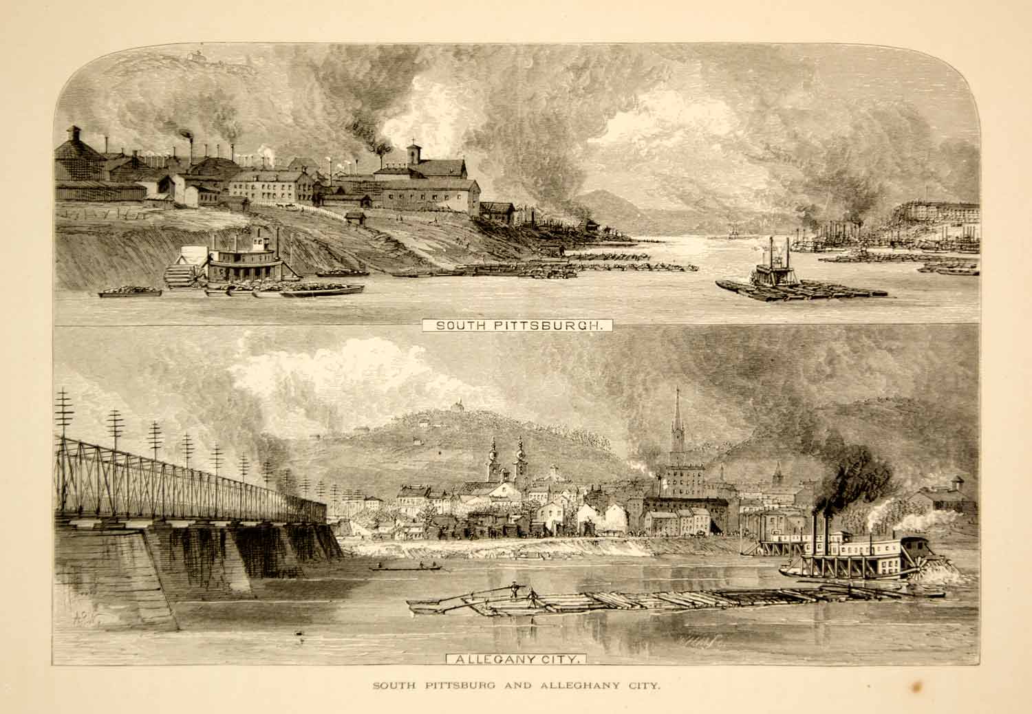 1873 Wood Engraving Pittsburgh South North Side Allegheny City Cityscape YPA2