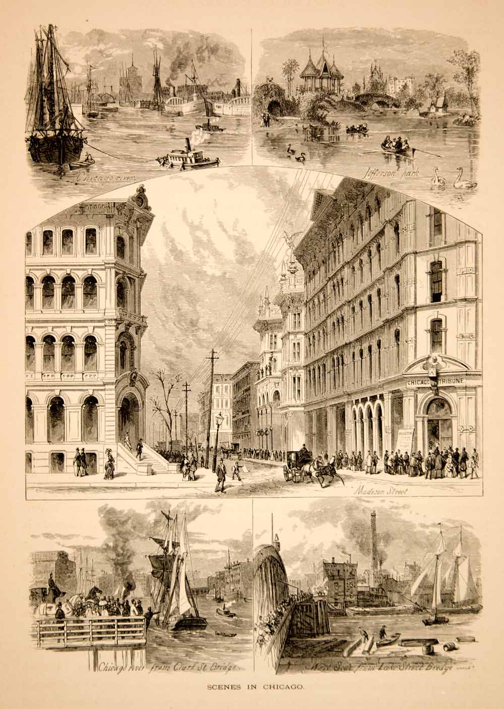 1874 Wood Engraving Chicago Downtown Madison Street River Jefferson Park YPA3