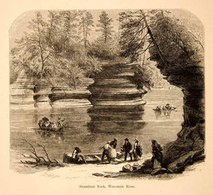 1874 Wood Engraving Steamboat Rock Formation Wisconsin River Dells Antique YPA3