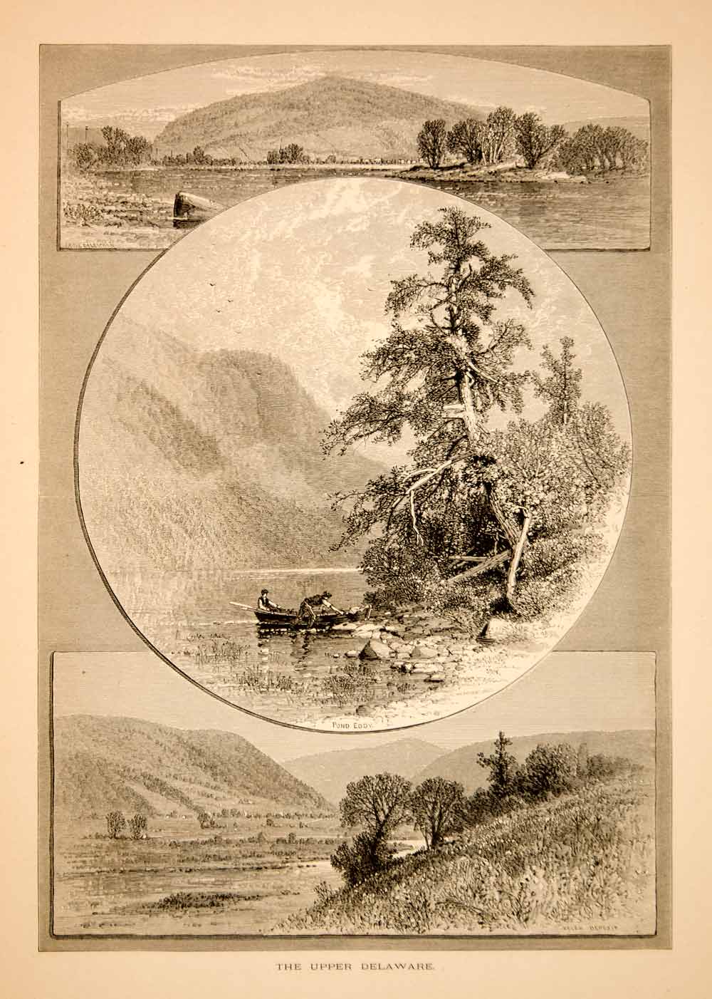 1874 Wood Engraving Upper Delaware River Scenery Landscape John D. Woodward YPA3