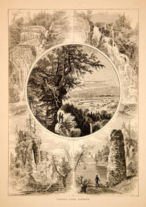 1874 Wood Engraving Cayuga Lake Landscape Ithaca Gorge Triple Falls Antique YPA3