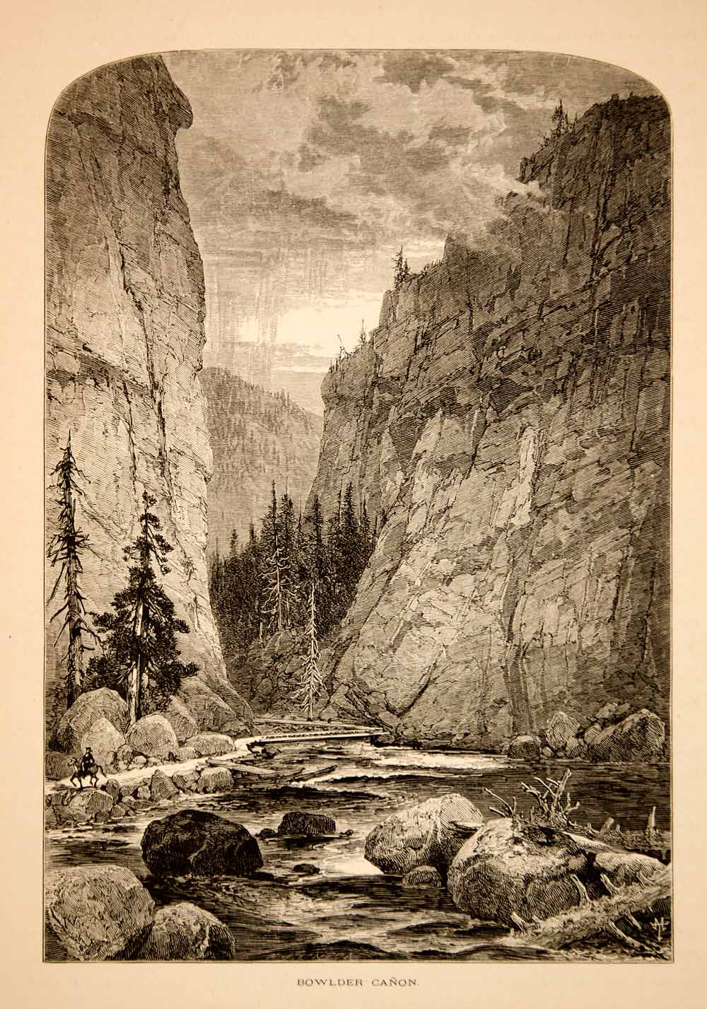 1874 Wood Engraving Boulder Canyon Creek Rocky Mountains Landscape Antique YPA3