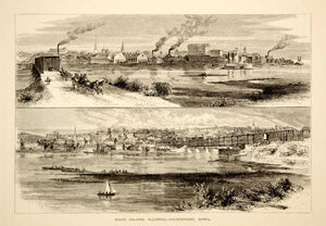 1874 Wood Engraving Rock Island Illinois Davenport Iowa Quad City Cityscape YPA3