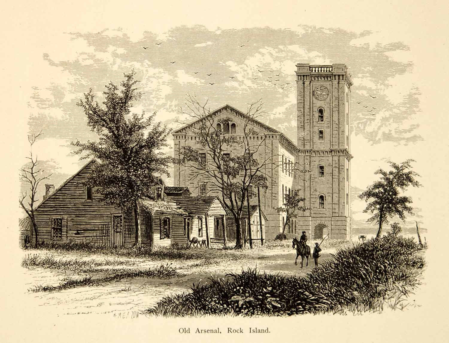 1874 Wood Engraving Rock Island Arsenal Illinois Armory Historic Landmark YPA3