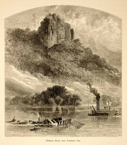 1874 Wood Engraving Chimney Rock Cliffs Mississippi River Barge Steamboat YPA3
