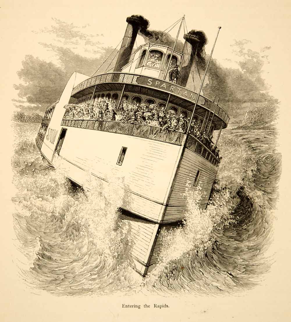 1874 Wood Engraving Steamer Boat Spartan St. Lawrence River Lachine Rapids YPA3