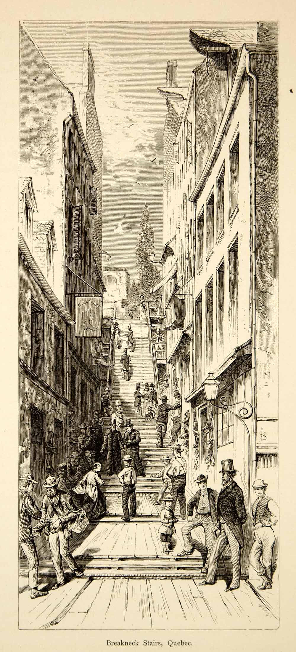 1874 Wood Engraving Breakneck Stairs Steps Quebec City Escalier Casse-Cou YPA3