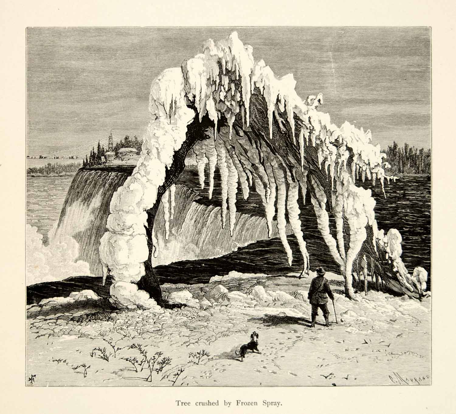 1894 Wood Engraving Niagara Falls Winter Tree Frozen Spray Harry Fenn Art YPA4