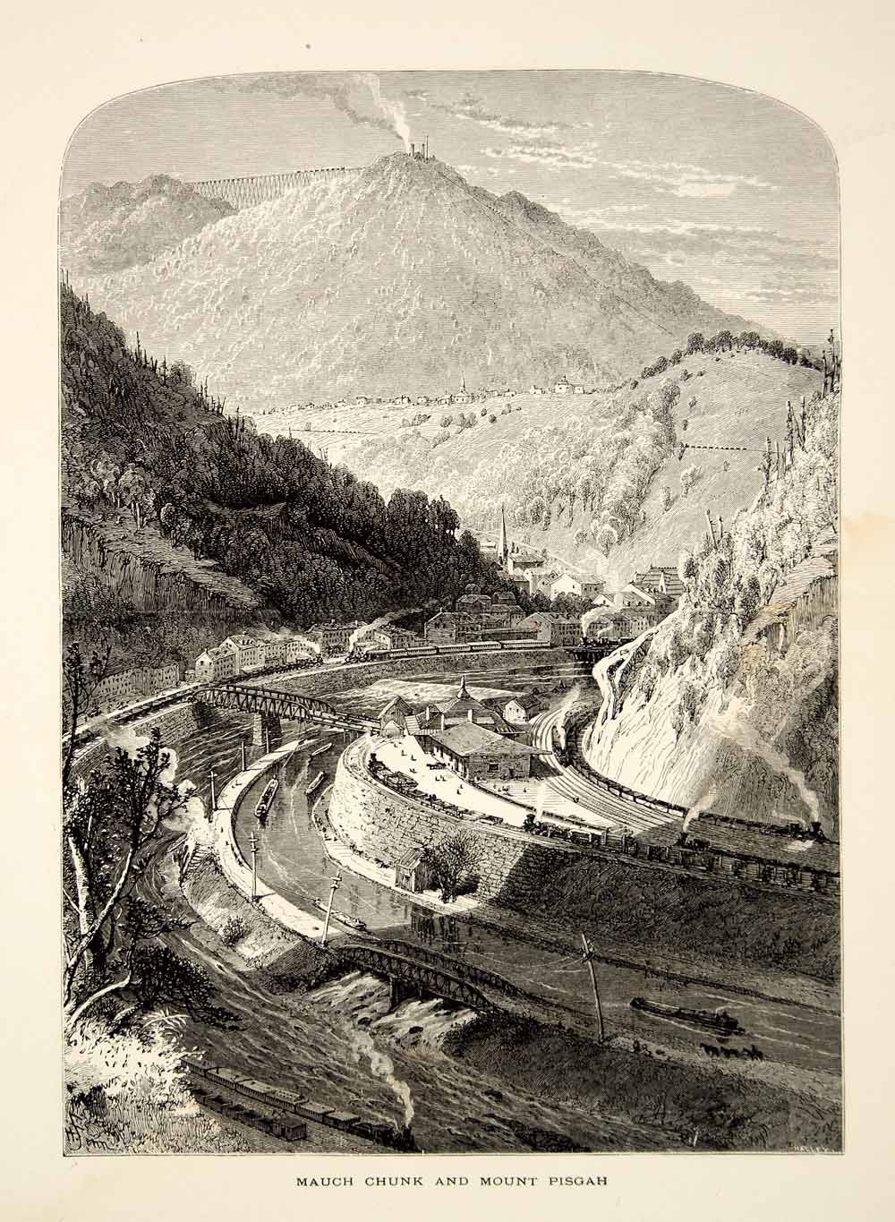 1894 Wood Engraving Mauch Chunk Jim Thorpe PA Mount Pisgah Lehigh Canal YPA4