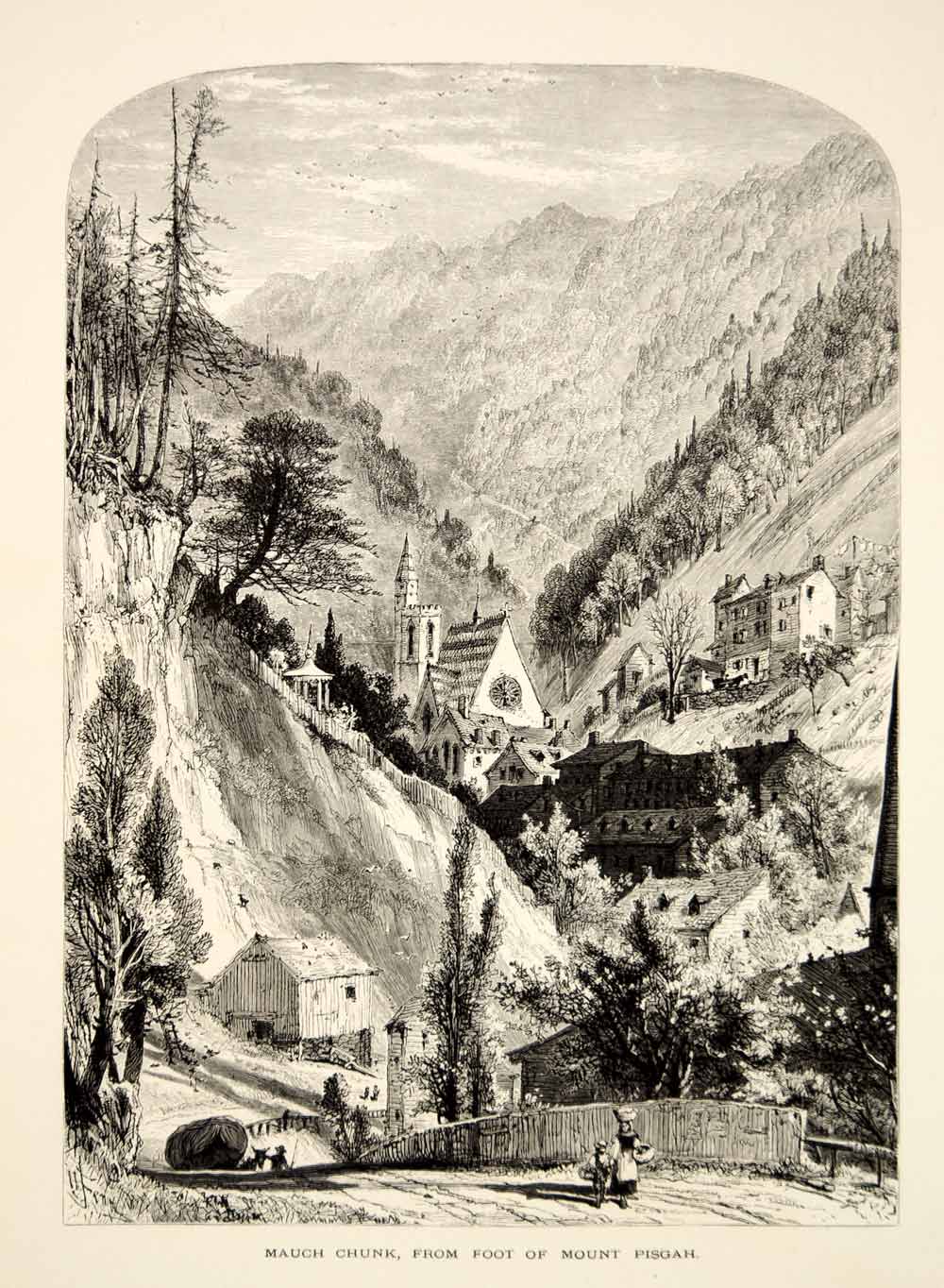 1894 Wood Engraving Mauch Chunk Jim Thorpe PA Town Mount Pisgah Harry Fenn YPA4