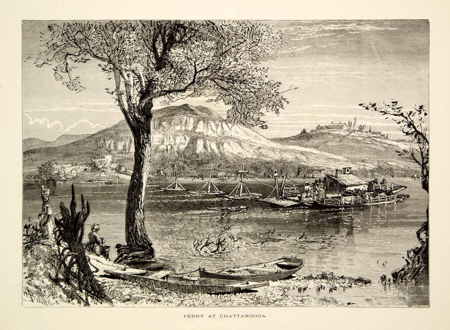 1894 Wood Engraving Ferry Crossing River Chattanooga Harry Fen Art Antique YPA4