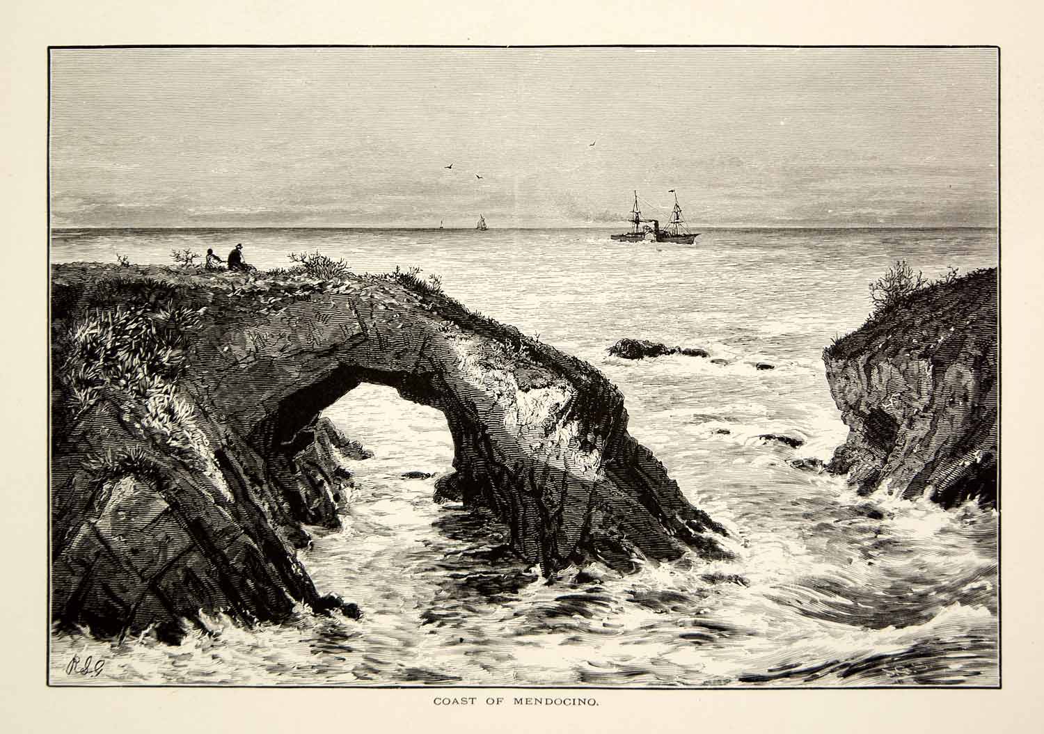 1894 Wood Engraving Mendocino California Coast Pacific Ocean Rocks Antique YPA4