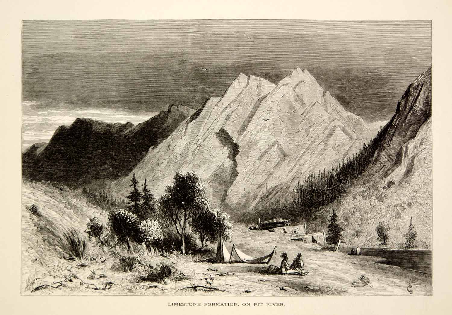 1894 Wood Engraving Pitt River California Limestone Rock Formations Antique YPA4