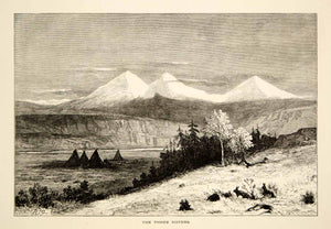 1894 Wood Engraving Three Sisters Cascade Mountains Oregon Old West Antique YPA4