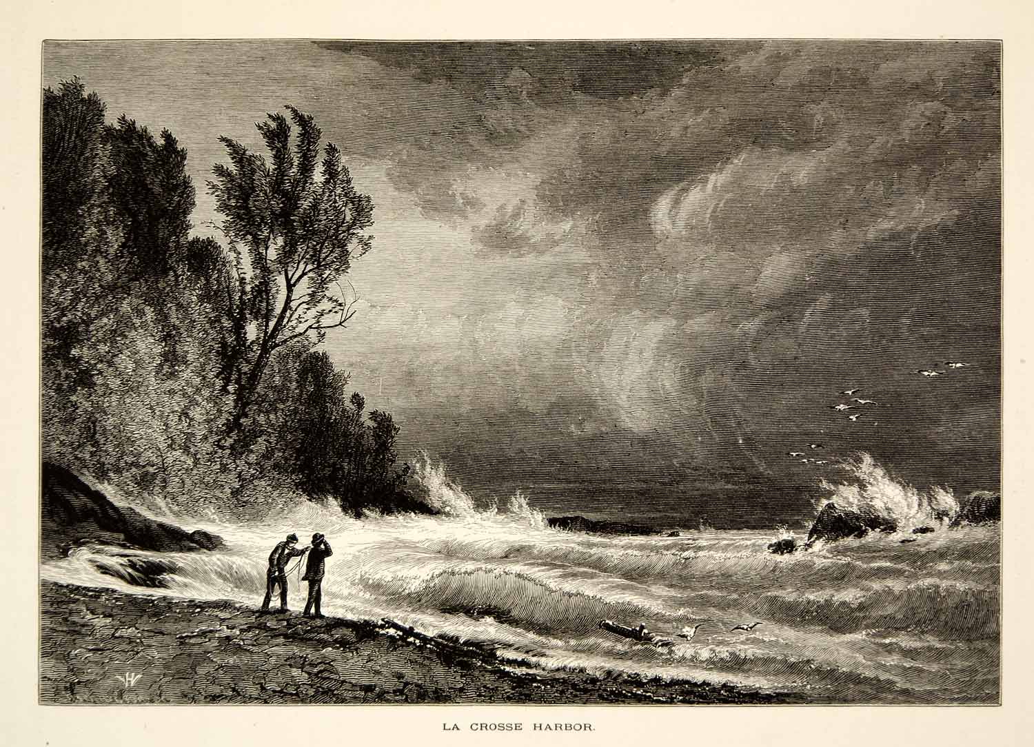 1894 Wood Engraving La Crosse Harbor Lake Superior Storm Waves