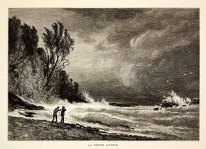 1894 Wood Engraving La Crosse Harbor Lake Superior Storm Waves Antique Art YPA4
