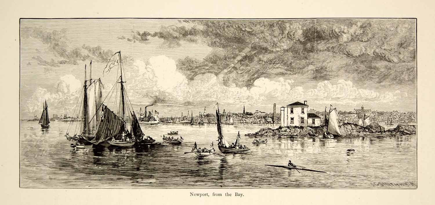 1894 Wood Engraving Newport Rhode Island Cityscape Narragansett Bay Antique YPA4