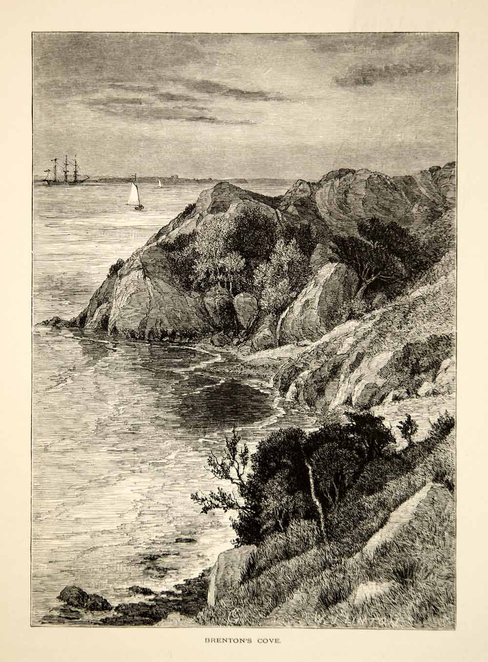 1894 Wood Engraving Brenton Cove Newport Rhode Island Shore Rocks Atlantic YPA4