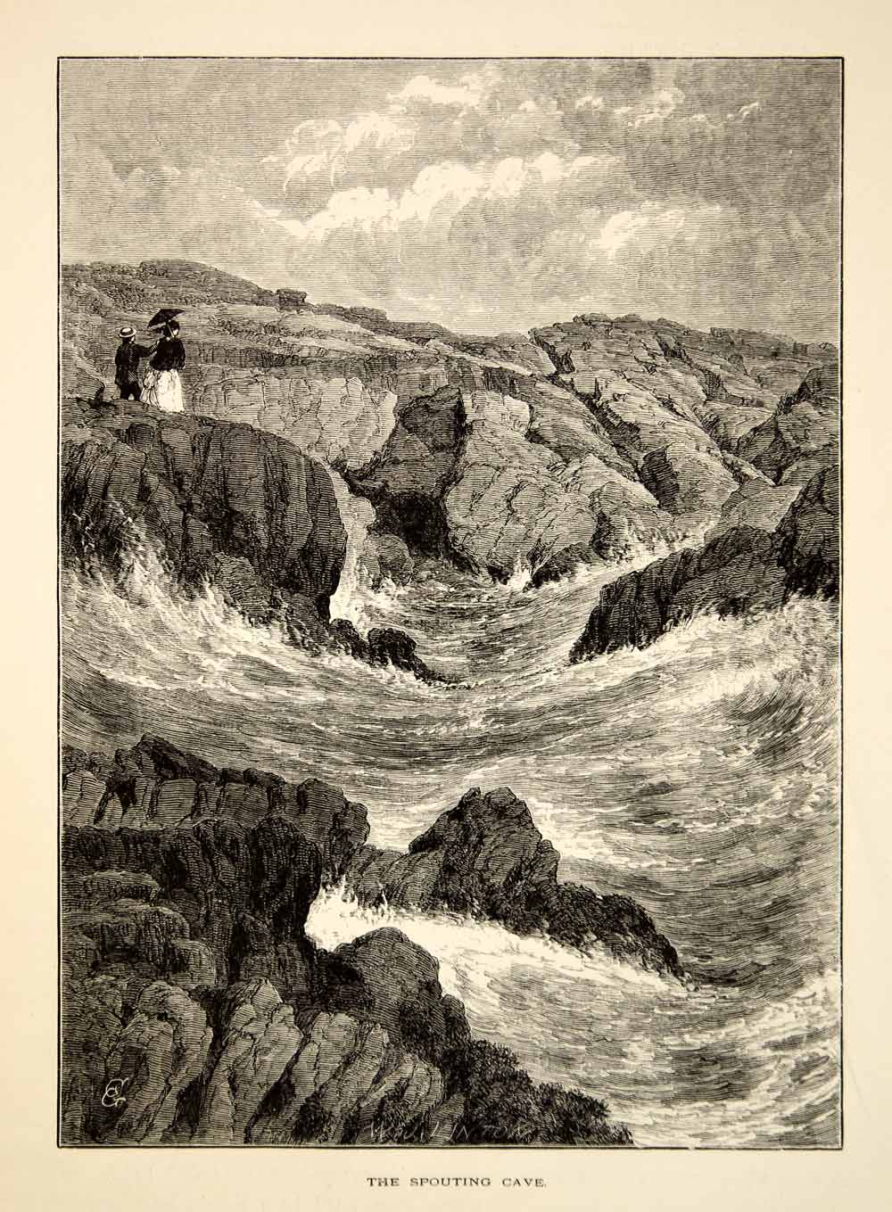 1894 Wood Engraving Spouting Cave Rocks Atlantic Ocean Shoreline Antique YPA4