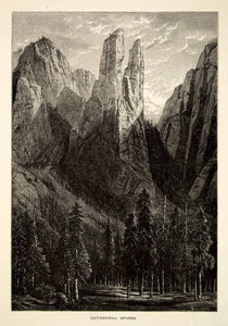1894 Wood Engraving Yosemite National Park Cathedral Spires Rocks Antique YPA4