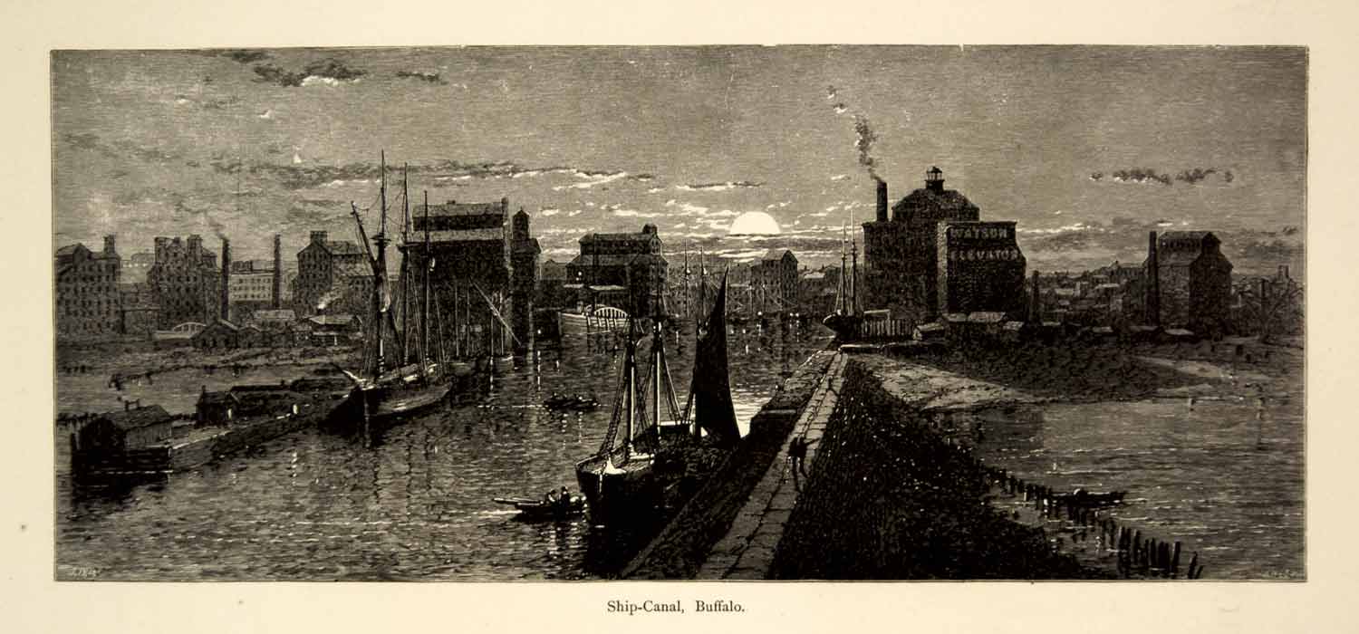 1894 Wood Engraving Buffalo New York City Ship Canal John Douglas Woodward YPA4