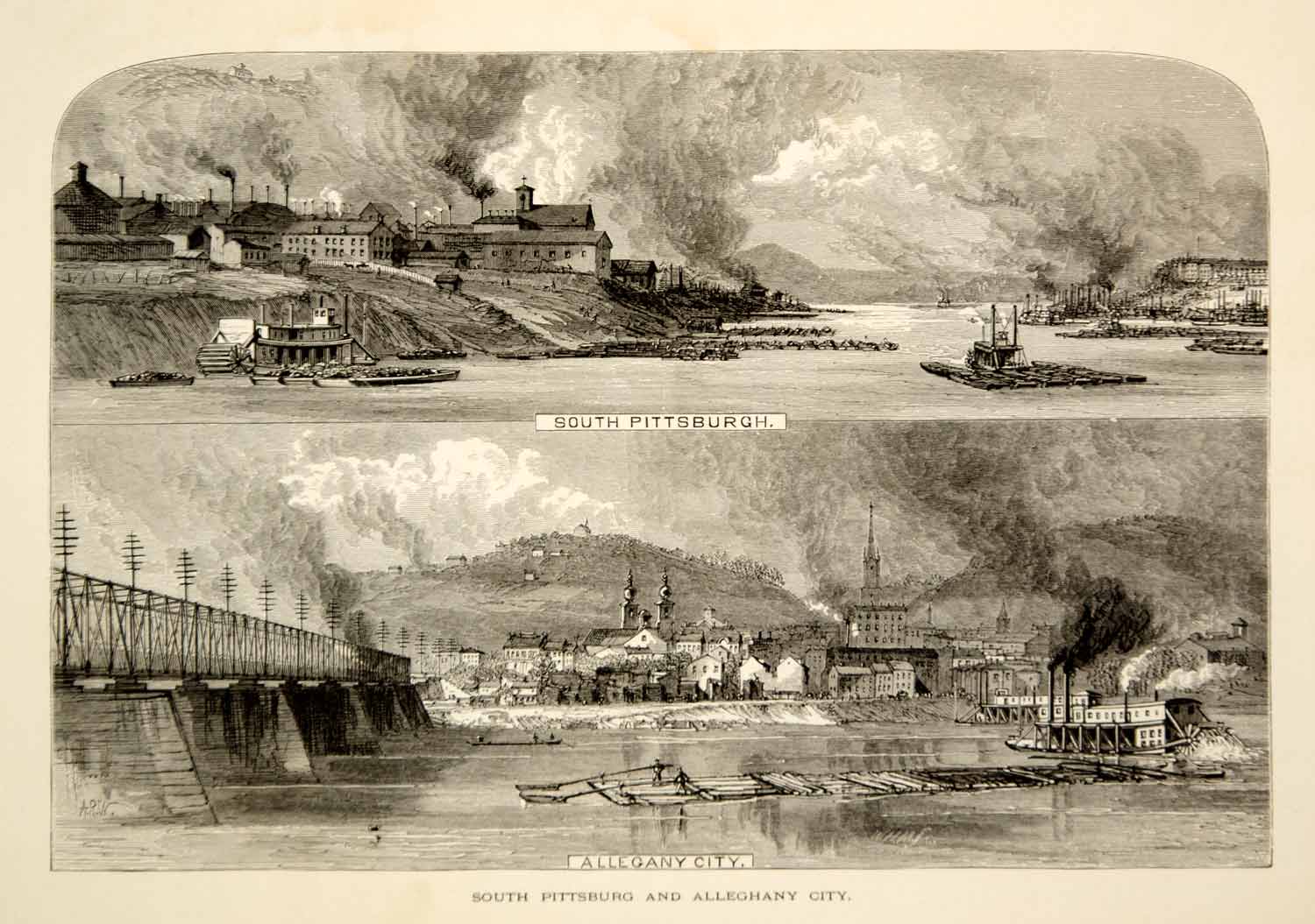 1894 Wood Engraving Pittsburgh South North Side Allegheny City River Boats YPA4